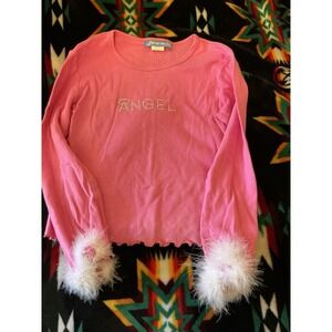 Angel Studded Periscope Shirt M Juniors 8/10 Pink Long Sleeve Fuzzy Tee Y2K